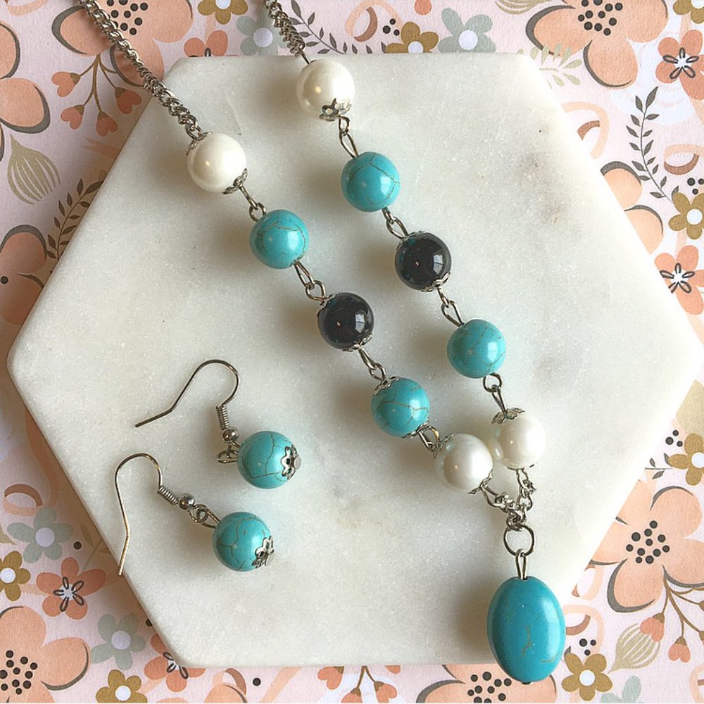 Faux turquoise pearl onyx jewelry set